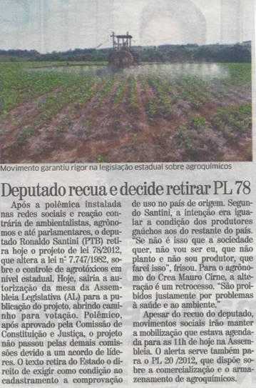 PL que flexibiliza legislação de agrotóxicos no RS sai de pauta