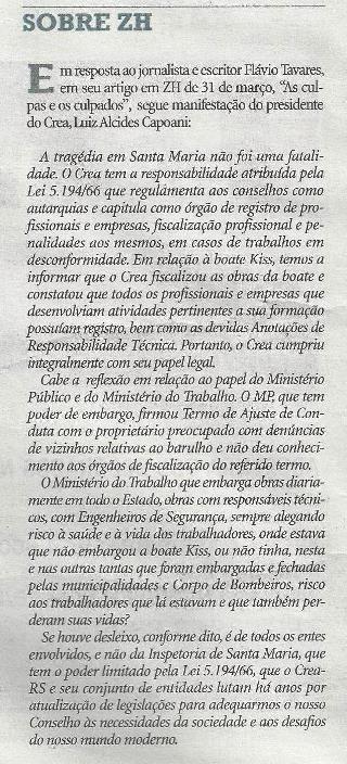 Resposta do CREA-RS ao artigo do jornalista Flávio Tavares