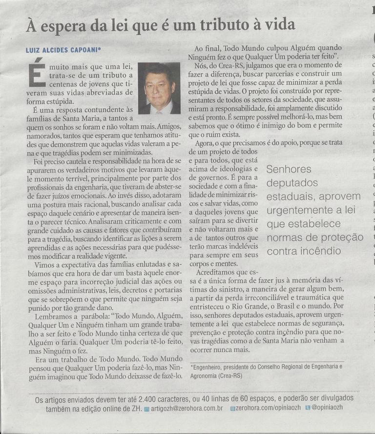 Artigo Eng. Capoani: À espera da lei que é um tributo à vida