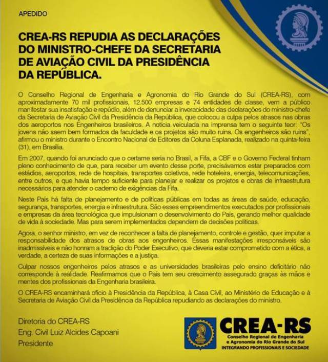 CREA-RS repudia declarações do ministro-chefe da Aviação Civil