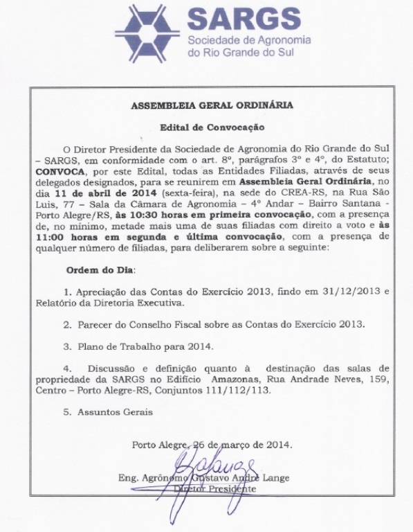 Sargs convoca delegados para Assembleia Geral Ordinária