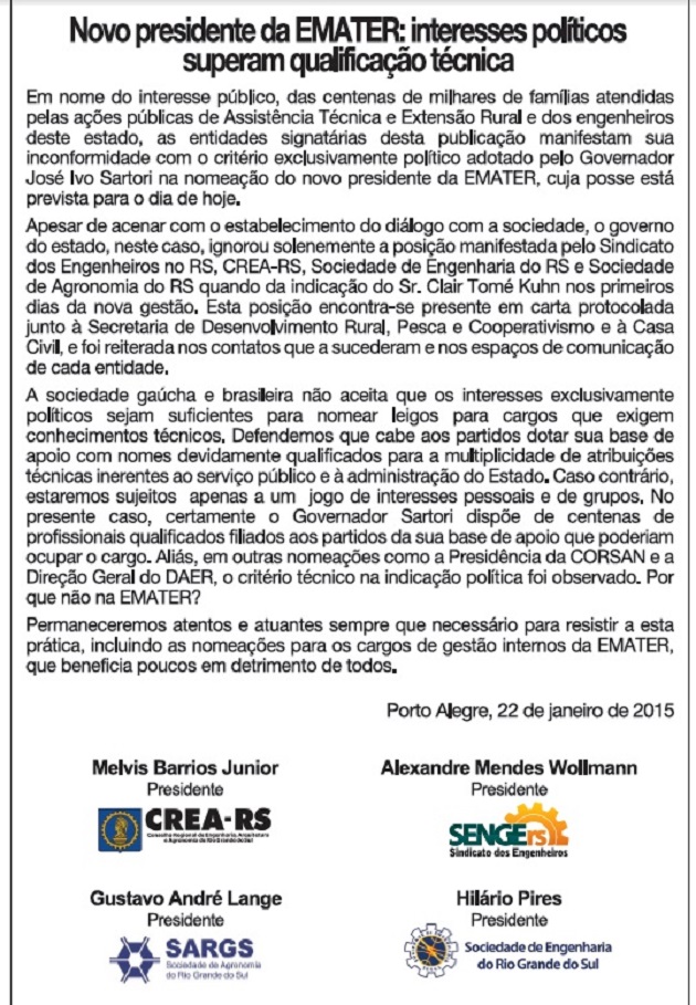 CREA-RS defende critérios técnicos em contratações do governo estadual