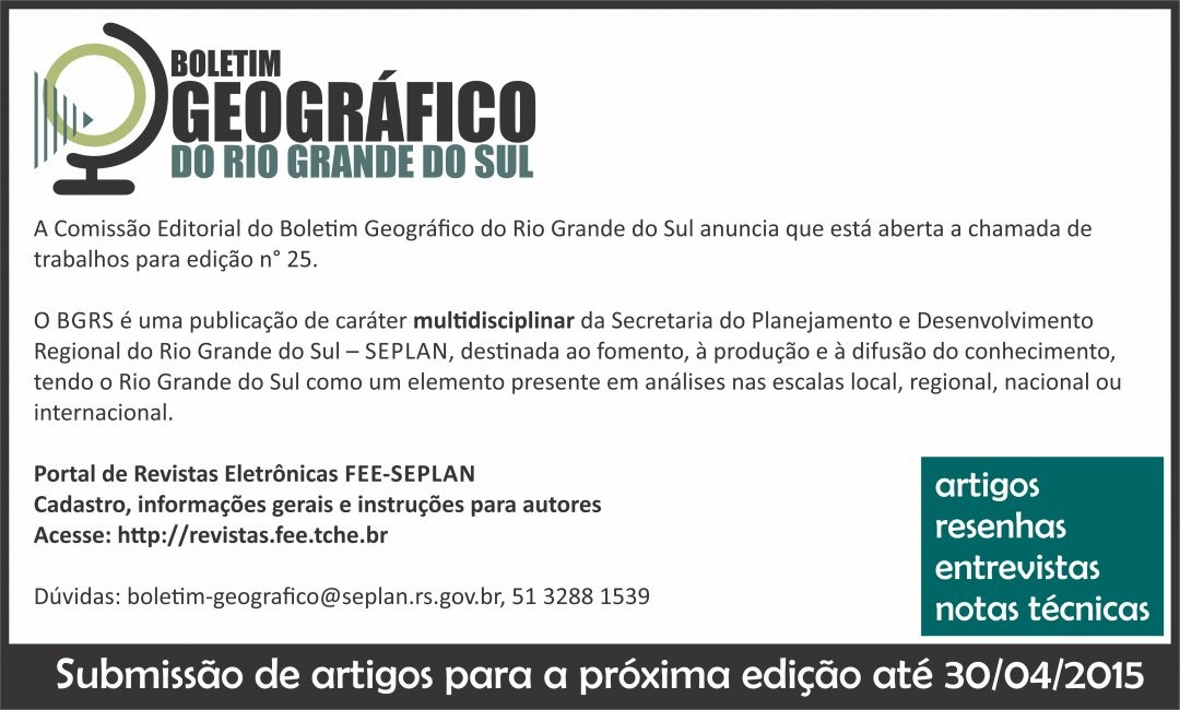 Boletim Geográfico do Rio Grande do Sul recebe inscrição de trabalhos