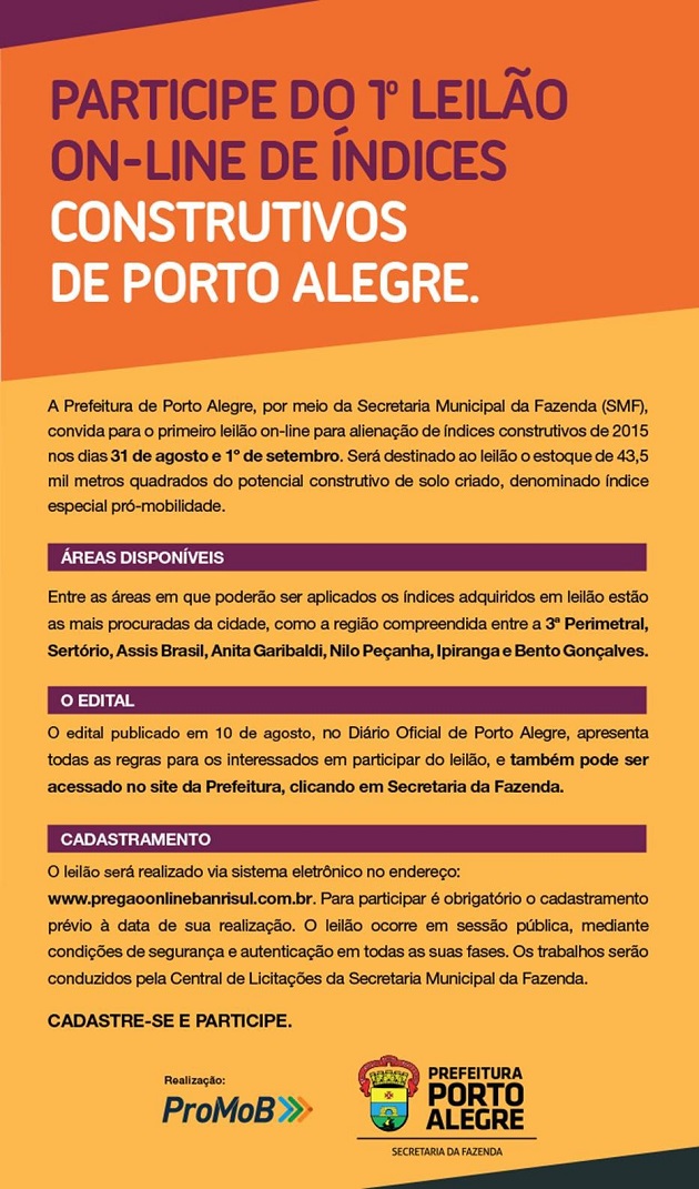 Prefeitura realiza 1º leilão on-line de índices construtivos de Porto Alegre