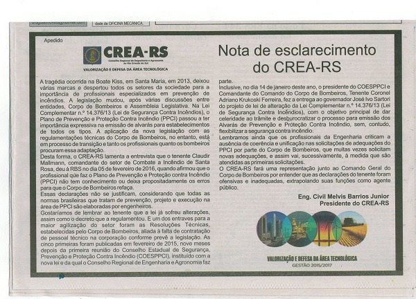 CREA-RS veicula apedido em Santa Rosa