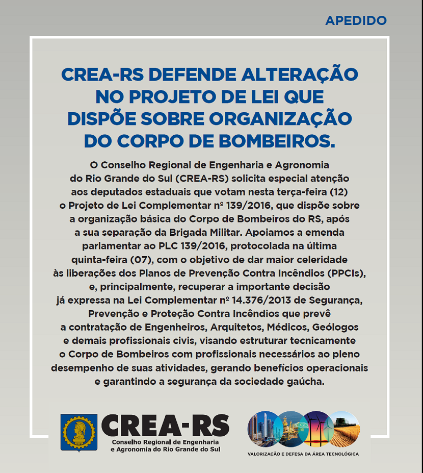 CREA-RS defende alteração no PLC 139 que vai à votação nesta terça-feira