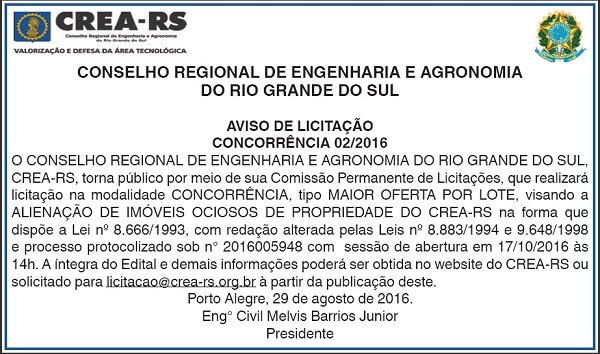 CREA-RS abre licitação para alienação de imóveis ociosos