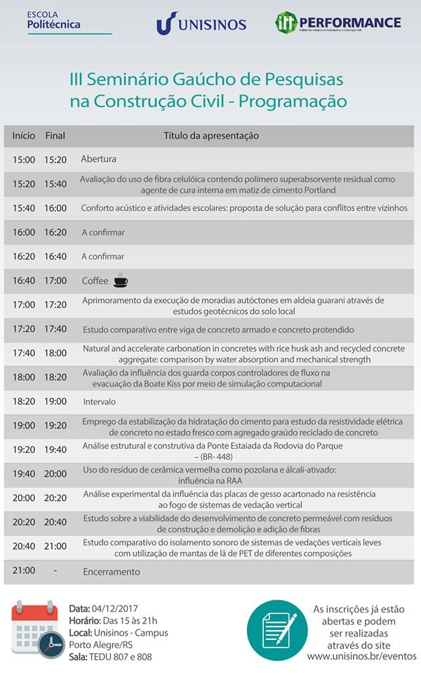 Inscrições abertas para o III Seminário de Pesquisas na Construção Civil