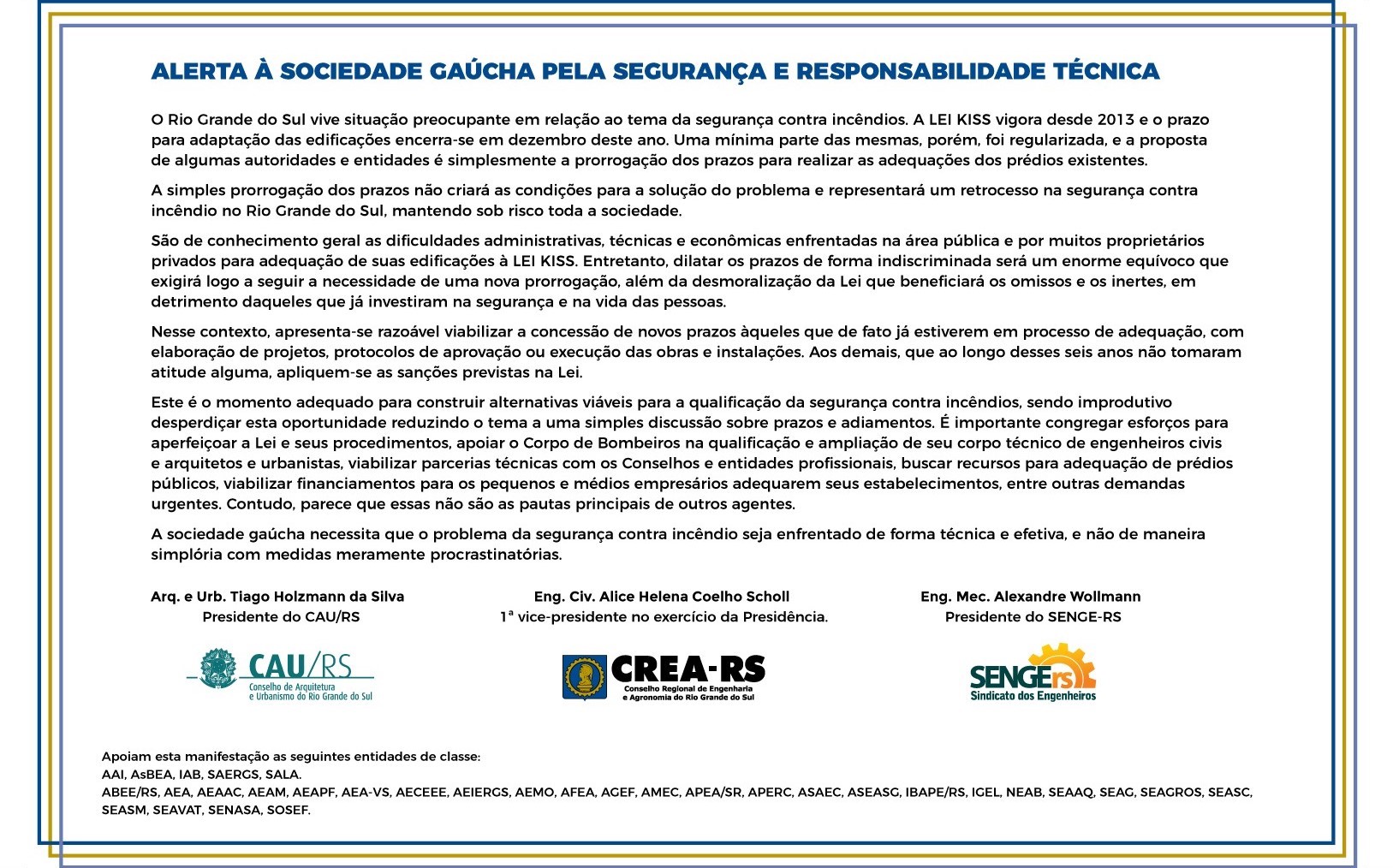 Alerta à sociedade gaúcha pela segurança e responsabilidade técnica