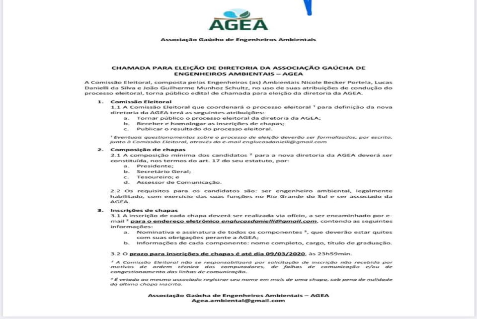 Lançado o edital para a eleição de diretoria da Associação Gaúcha de Engenheiros Ambientais