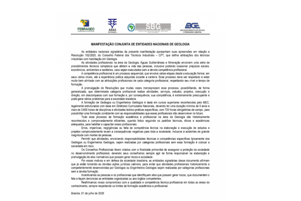 Manifestação conjunta de Entidades Nacionais de Geologia