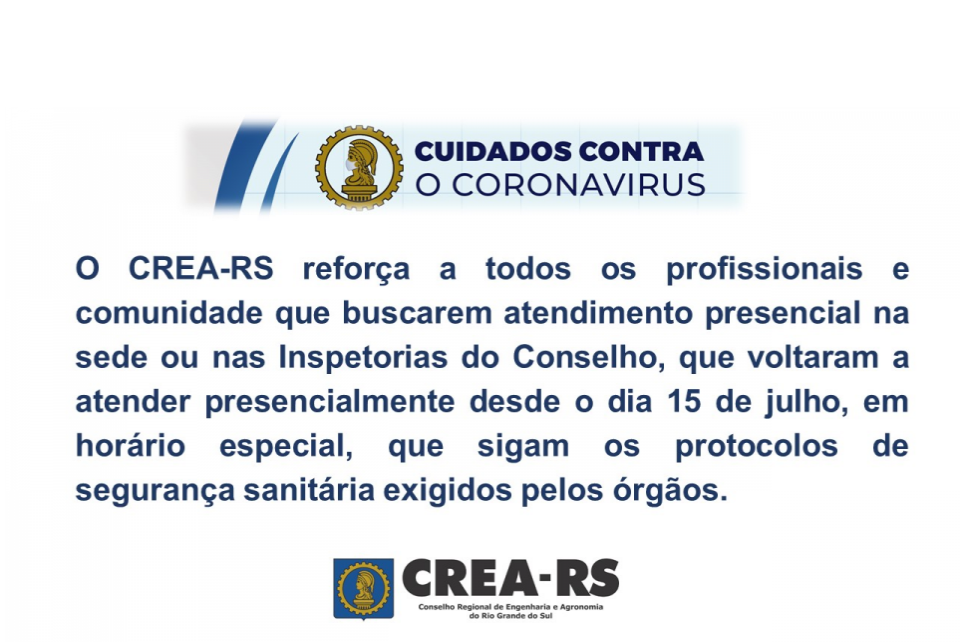 Profissionais e comunidade devem seguir protocolo de segurança sanitária nas dependências do CREA-RS