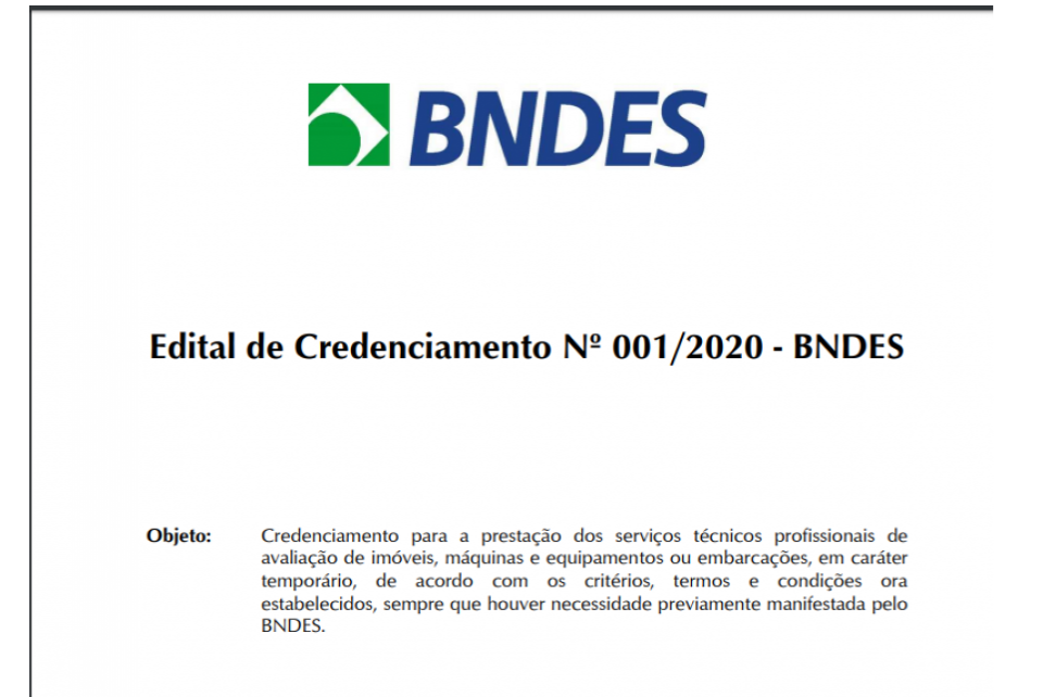 BNDES publica edital para credenciamento de prestadores de serviços técnicos
