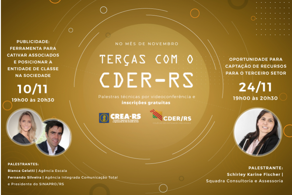Dirigentes das entidades são convidados a participarem do Terças com CDER-RS de novembro