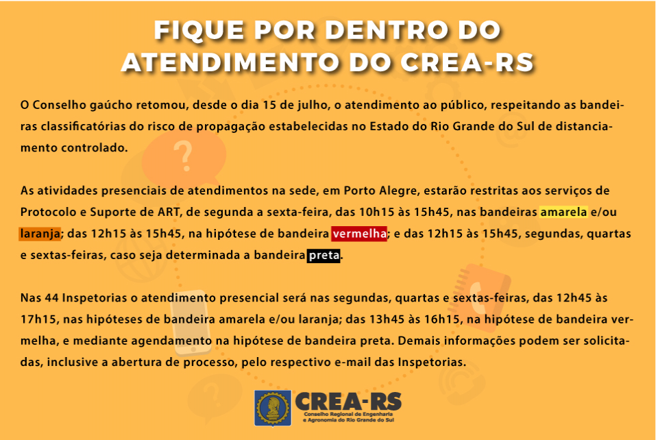 Atendimento presencial do CREA-RS segue em horário reduzido de acordo com bandeira classificatória de risco