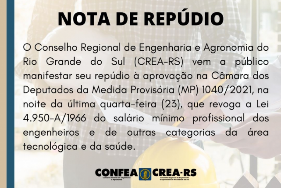 CREA-RS repudia aprovação da MP 1040/2021 na Câmara Federal