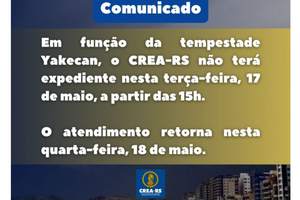 CREA-RS encerra expediente, nesta terça, às 15 horas