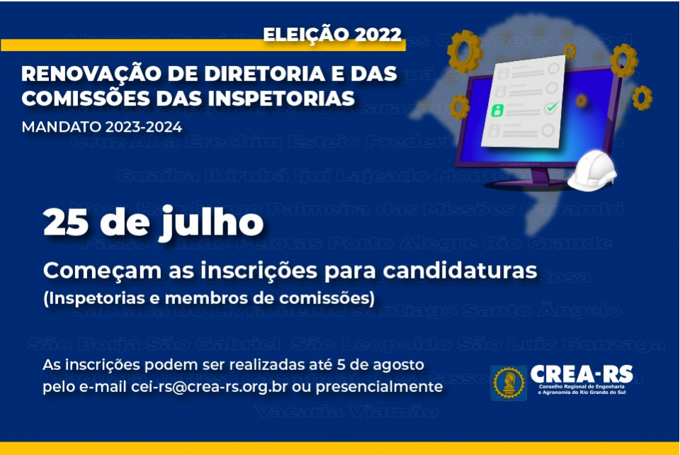 Eleições Inspetorias CREA-RS: de 25 de julho a 05 de agosto prazo para registro de candidaturas