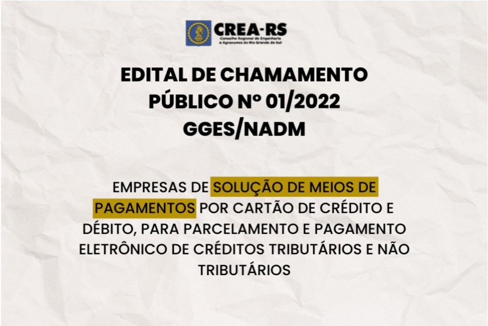CREA-RS publica Chamamento para credencimento de empresas de soluções de meios de pagamento