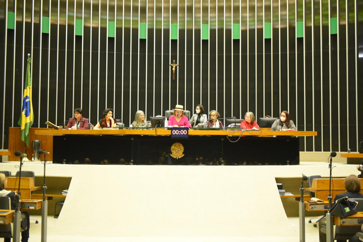 Mesa de trabalhos formada pelas homenageadas e deputada Tereza Nelma