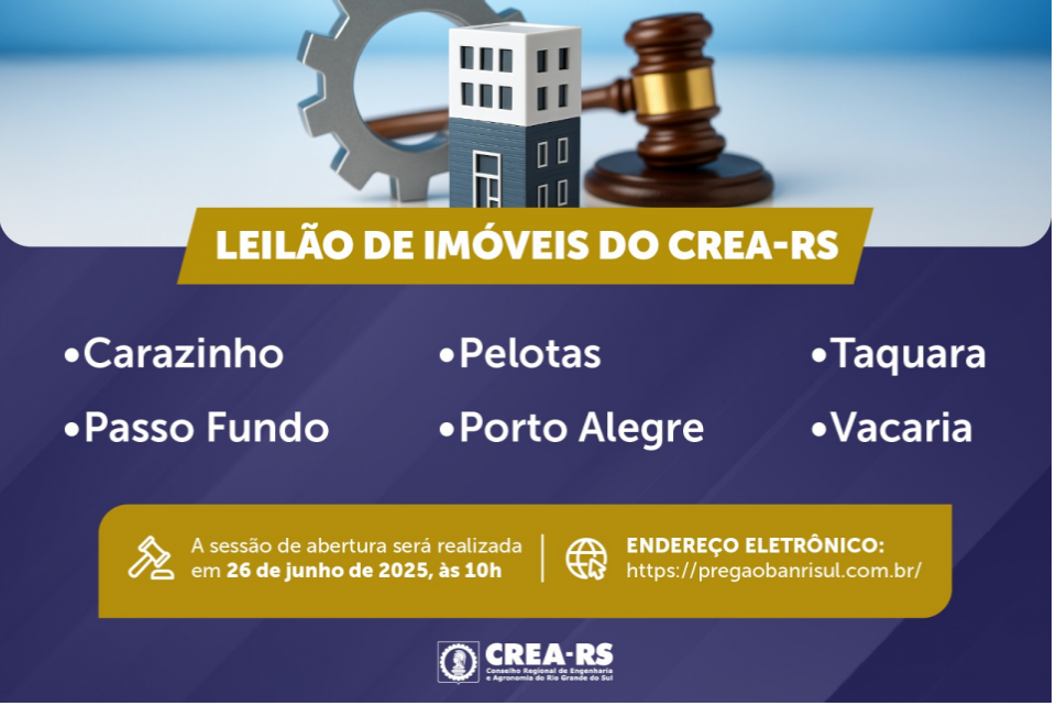 CREA-RS publica edital de Leilão de Imóveis localizados no Rio Grande do Sul