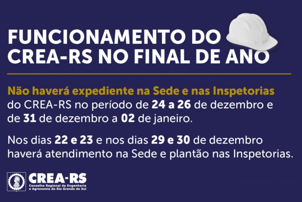 Confira o funcionamento do CREA-RS neste final de ano