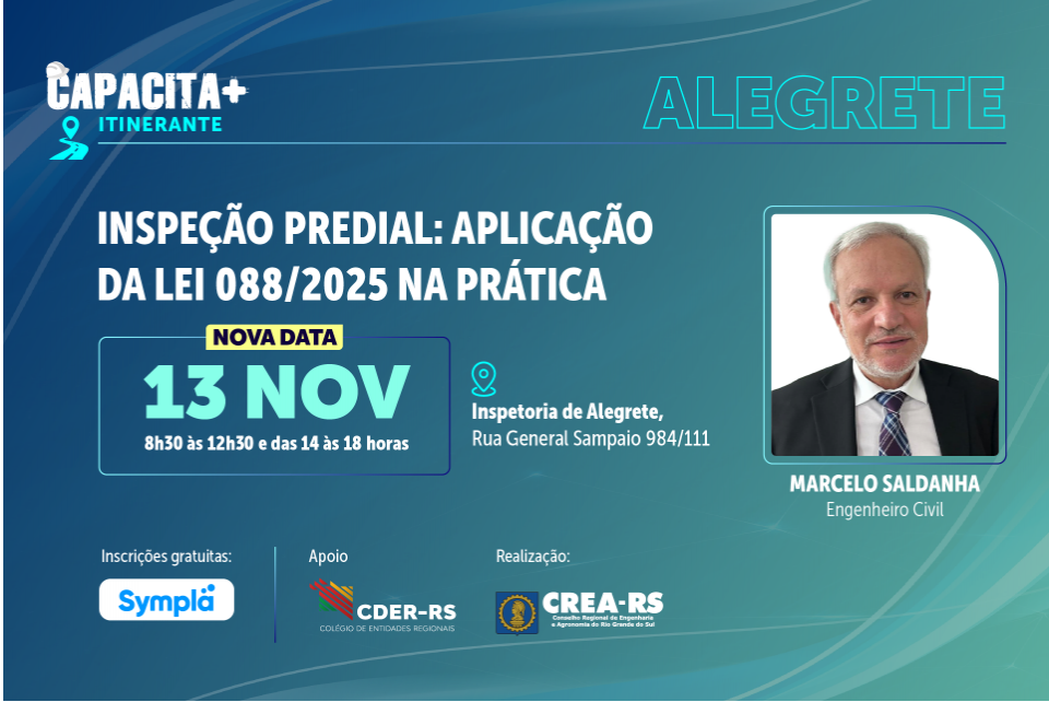 Inscrições abertas: Capacita+ presencial em Alegrete aborda lei de inspeção predial