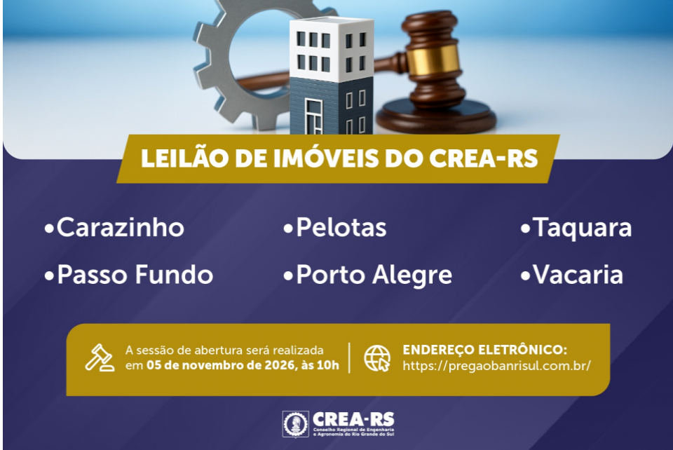 CREA-RS divulga leilão de alienação de imóveis